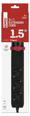 Verlängerungskabel 1,5m/3 Steckdosen/Schalter/Schreibtischmontage/USB/schwarz/PVC/1,5mm2 