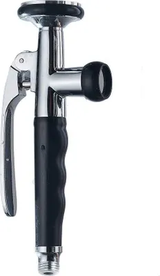 A close-up studio shot of a chrome and black kitchen spray nozzle.