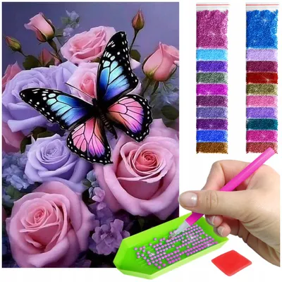 Zdjęcie produktu dla Haft diamentowy ARTULIO - Motyl na różowych różach - 60 x 40 cm - Diamond painting, Kompletny zestaw: mozaika + akcesoria