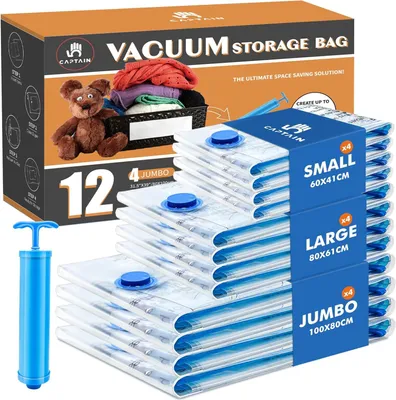Produktbild von Vakuumbeutel für Kleidung Bettdecken 12 Stück, CaptainFive Vakuumierbeutel 3 Größen (4 * 100x80cm + 4 80x61cm 60x41cm) Vakuum Kleiderbeutel