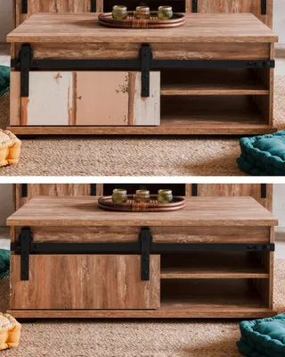 Image de Table basse Marrakech chêne Valhalla nb. et pin Milford nb. Table de salon avec porte coulissante et étagères 100 x 60 cm