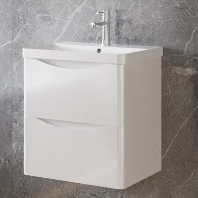 Produktbild von Badezimmerschrank 50cm Mineralguss Waschtisch mit Unterschrank Hochglanz Weiß Badmöbel Set mit Soft-Close