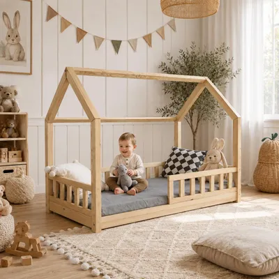 Produktbild von Best For Kids Kinderbett Kinderhaus mit 10 cm Matratze und Rausfallschutz Jugendbett Natur Haus Holz Bett