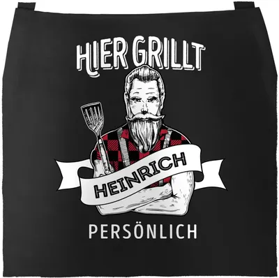 Produktbild von Grill-Schürze für Männer mit Spruch personalisierbar hier grillt eigener Name persönlich Grillen Geschenk Baumwoll-Schürze Küchenschürze Moonworks® schwarz unisize