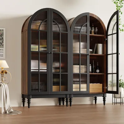 Produktbild von Flieks 2 Hoher Bogen-Aufbewahrungsschrank mit Glastüren, 2 Küchenschrank mit Holzmaserung, 2 Sideboard 76x38.5x165cm, Nussbaum-Optik