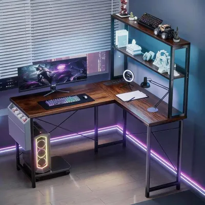 Immagine prodotto di Scrivania angolare a forma di L - Scrivania per computer - Piano in legno - Struttura in metallo - Spazio contenitivo - Marrone
