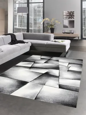 Produktbild von Moderner Teppich Kurzflor Wohnzimmerteppich Konturenschnitt karo abstrakt grau schwarz weiss Größe - 80 x 300 cm
