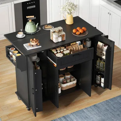 Obrázok produktu pre Kuchynský ostrov s výklopnou pracovnou doskou, kuchynský vozík na kolieskach, 4 dvierka, 1 zásuvka, rozmer 120x45(70)x95 cm, farba: čierna