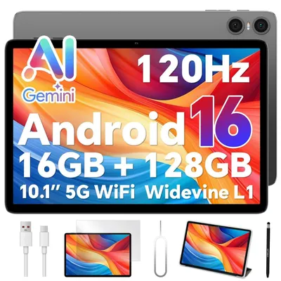Produktbild von Tablet Android 16 Tablets Mit Hülle und Stift 120Hz Display 16GB+128GB CPU Unisoc T7250 Widevine L1 für Streaming 6000mAh 5G WiFi GPS GMS Gemini AI Grau