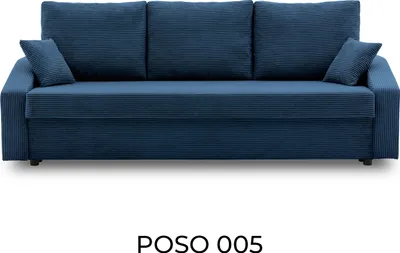 A dark blue couch with three back cushions and two armrest cushions, shown from the front.