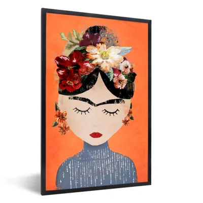 Produktbild von MuchoWow® gerahmtes Poster – Porträt – Frida Kahlo – Orange – Frau – Blumen – 60x90 – Wandposter-Rahmen, Foto