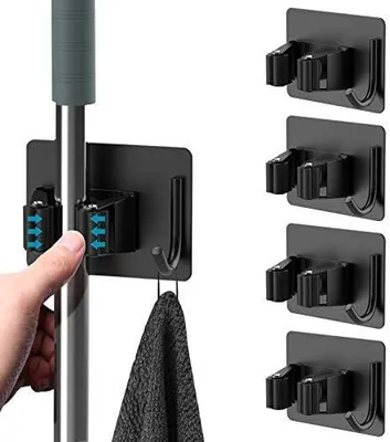Produktbild von homeasy Besenhalterung Wand 4 Stück Besenhalter Selbstklebend Edelstahl Mop Halter Gerätehalter für Küche Badezimmer Garten (Schwarz)