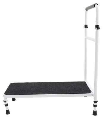 Produktbild von Betttritt Hocker - Ein-Stufen Tritt mit verstellbarem Handlauf - 150 kg belastbar - 77x30 cm - Höhe 86,5–99 cm - Weiß