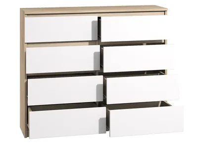 A chest of drawers with eight drawers, some of which are open.