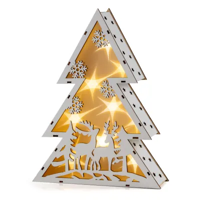 Imagen del producto de Árbol de Navidad de madera con motivos de ciervos en un bosque, con luces LED - 10 luces LED / 30 cm