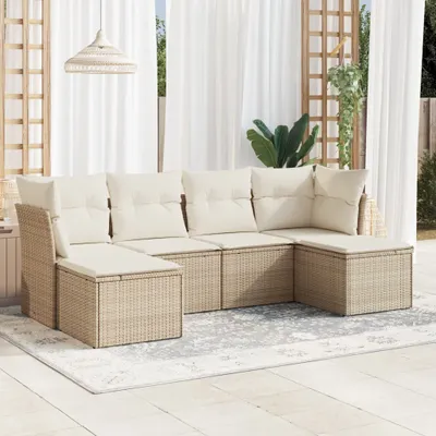 Produktbild von Design 6-tlg. Garten-Sofagarnitur mit Kissen Beige Poly Rattan, Gartenmöbel-Sets 2024 Neu