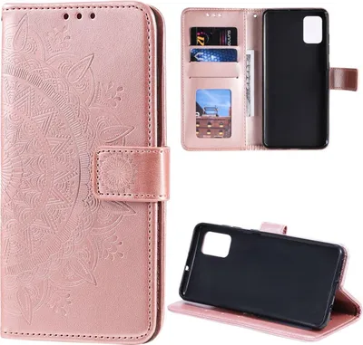 A collage of images showing a rose gold flip phone case with a mandala design, its interior card slots, and a black phone inserted into the case.