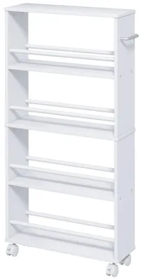 Imagen del producto de Carro de almacenamiento estrecho con ruedas – Estantería móvil – 4 niveles – Madera – Ruedas con freno – Asa – Ideal para espacios reducidos – Blanco