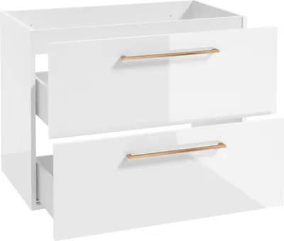Produktbild von Waschtischunterschrank mit Metallgriffen in kupfer, 80 cm breit mit 2 Schubkästen, in weiß Hochglanz lackiert MESSINA-107, B/H/T: ca. 80/60/45 cm