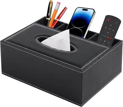 Produktbild von Rechteckige Taschentuchbox aus Leder mit Spender und 3 seitlichen Fächern, für Restaurant, Hotel, Büro und Auto, Schwarz