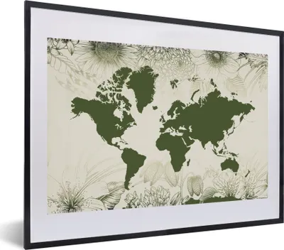 Produktbild von MuchoWow® MuchoWow® Gerahmtes Poster Weltkarte - Blumen - Grün 60x40 cm - Poster mit zchwarzem Bilderrahmen - Schlafzimmer - Plakat in Rahmen - Drucken