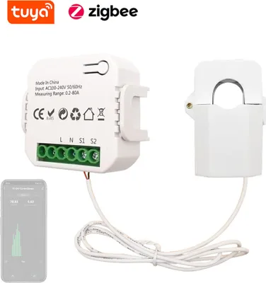Obrázek produktu pro Tuya ZigBee jednofázový terminál, 80 A, elektroměr, mobilní telefon, APP ovládání, proudový transformátor, sledování statistik spotřeby elektřiny, zařízení pro domácí automatizaci, kompatibilní s Alexa, Google Home pro hlasové ovládání