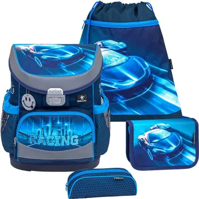 Zdjęcie produktu dla Zestaw tornistrów Belmil MINI FIT 2024 Racing Blue Neon (motyw: samochód wyścigowy) dla chłopców od 1 klasy szkoły podstawowej