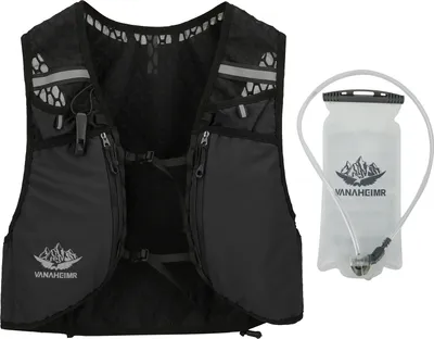 Produktbild von Vanaheimr Trinkweste mit Taschen, verstellbare Träger, Unisex, Laufweste, Wanderweste, Fahrradweste, Schwarz, Mit 2L Wasserbeutel