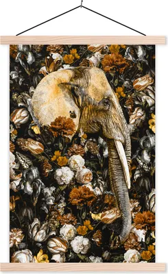 Produktbild von MuchoWow® Textilposter Elefant - Blumen - Braun 40x60 cm mit holzfarbenen Rahmen - Poster