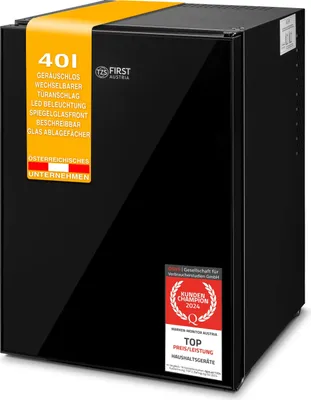 Produktbild von TZS First Austria Mini Kühlschrank 40L, Getränkekühlschrank Schwarz Glasfront- Minibar lautlos 22dB, LED-Beleuchtung, Minikühlschrank, Kühlschrank