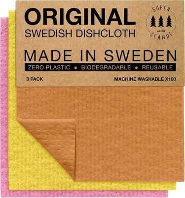 Productafbeelding van Unyqoos® Zweedse vaatdoeken – Set van 3 grote cellulose-spongdoeken, 30x26 cm, herbruikbaar, composteerbaar, 30% katoen/70% cellulose, roze/oranje/geel