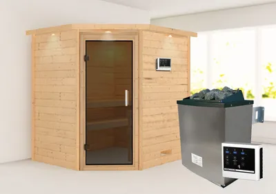 Produktbild von Karibu Sauna Innensauna Mia Eckeinstieg  Ofen 9 KW externe Strg easy 224x184x202 cm mit Dachkranz  mit Graphittür