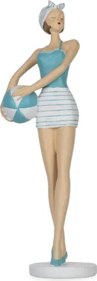 Zdjęcie produktu dla Retro figurka dekoracyjna kobiety 11,5 x 10 x 33 cm - stojąca figurka kobiety w turkusowo-białym kostiumie kąpielowym z piłką - nostalgiczna dekoracja plażowa z polyresinu w stylu lat 50-tych do domu lub łazienki
