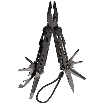 A black multi-tool is displayed against a white background.