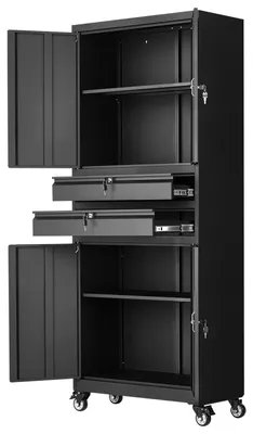 Image de Armoire de rangement métallique sur roulettes, capacité de charge des étagères de 81,5 kg, armoire mobile de 1905 mm de hauteur pour outils de garage, avec 4 portes verrouillables et étagères réglables, 2 tiroirs, idéale pour le garage, le bureau ou la maison