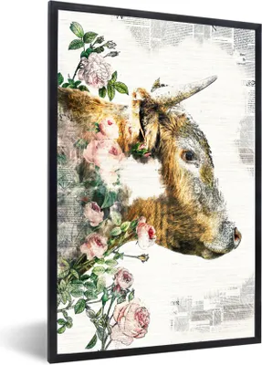 Produktbild von MuchoWow® MuchoWow® Gerahmtes Poster Schottische Hochlandrind - Blumen - Rosen 20x30 cm - Poster mit zchwarzem Bilderrahmen - Drucken - Bilder Poster im Rahmen