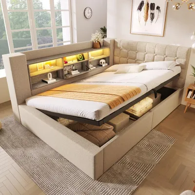 Produktbild von Polsterbett 140x200cm mit LED-Beleuchtung, hydraulischem Stauraum, L-förmigem Kopfteil mit Stauraum, USB-A und USB-C, Leinenstoff Beige