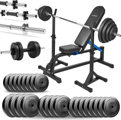 Zdjęcie produktu dla Zestaw do ćwiczeń 135 kg z ławką regulowaną, stojakami, gryf prosty 180 cm, obciążenia 90 kg do ćwiczeń domowych
