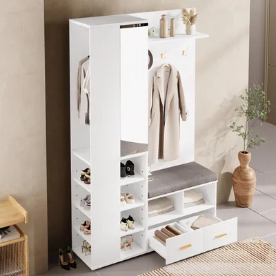 Produktbild von okwish Garderobenset,Flurschrank mit Schubladen und Ablagefach,Schuhschrank,Kleiderschrank mit Spiegel und Schuhbank,Wandgarderobe mit Kleiderstange und Haken,Weiß