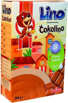 A product box for Lino Cokolino, a children's food product.