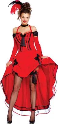 A woman modeling a can-can dancer costume.
