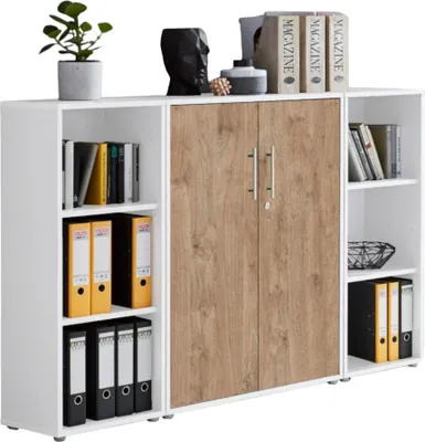 Produktbild von Aktenschrank TABOR 2 in weiß / Gold Harbor Oak, Schrankwand, Büroschrank, abschließbar, Metallgriffe