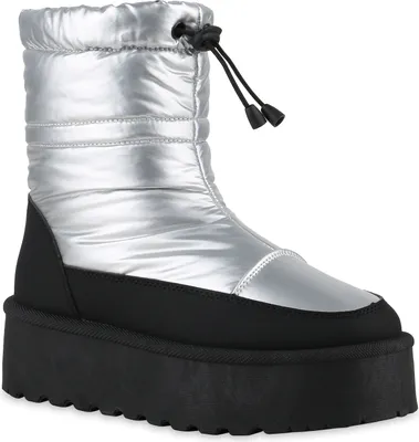 A single silver and black winter boot is shown against a white background.
