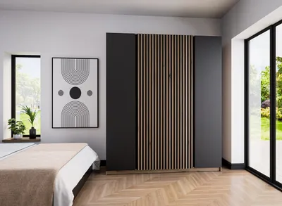 Obrázek produktu pro BEAUTYSOFA Prostorná šatní skříň s výklopnými dveřmi a lamelami KAYA I 200 cm do ložnice, chodby (barva: dub evoke+černá+dub evoke)
