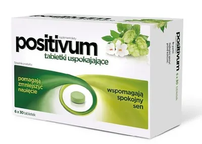 A product box for Positivum tablets, featuring images of hops and text describing its benefits.