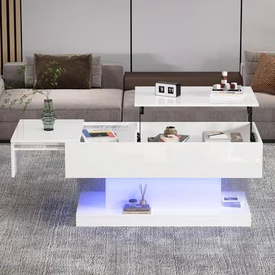 Image de OKWISH Table Basse Relevable avec LED et Rangement, Design Moderne en Panneau de Particules, Blanc - 100x50x45 cm