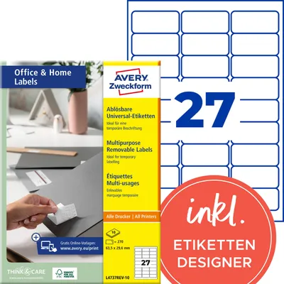 Obrázok produktu pre Avery L4737REV-10, Biela, Laserový, 63.5 x 29.6 mm, 270 kusov, 10 listy