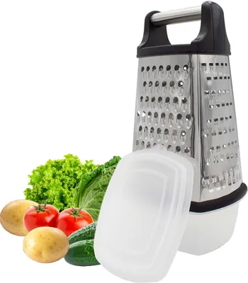 Produktbild von mucHome 4-seitige Küchenreibe Edelstahl mit Behälter, Vierkantreibe Reibe Käsereibe Gemüsereibe vielseitige Reibe für Gemüse und Käse, Grobes, Feines,