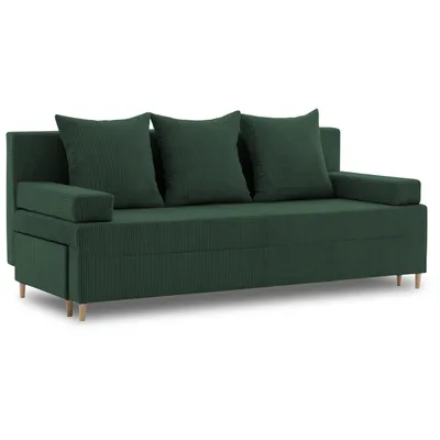 A green couch with three pillows on a white background.