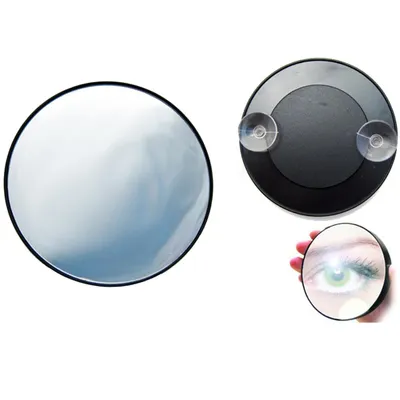 A collage of images showing a round cosmetic mirror with suction cups, a close-up of a woman's eye reflected in the mirror, and the mirror itself.
